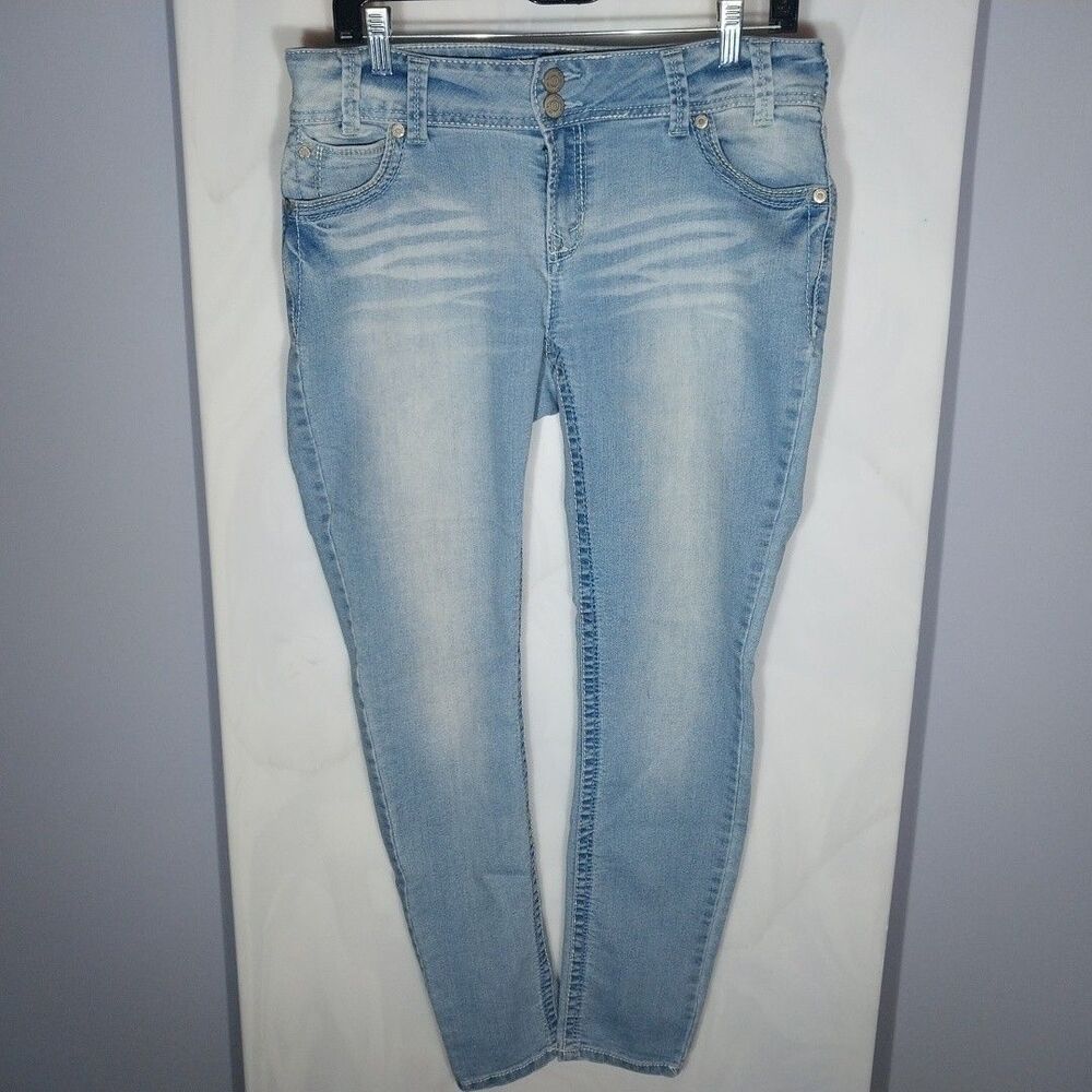 WallFlower Juniors Blue Jeans 11 Mid Rise Skinny Light Wash Stretch 2 Button